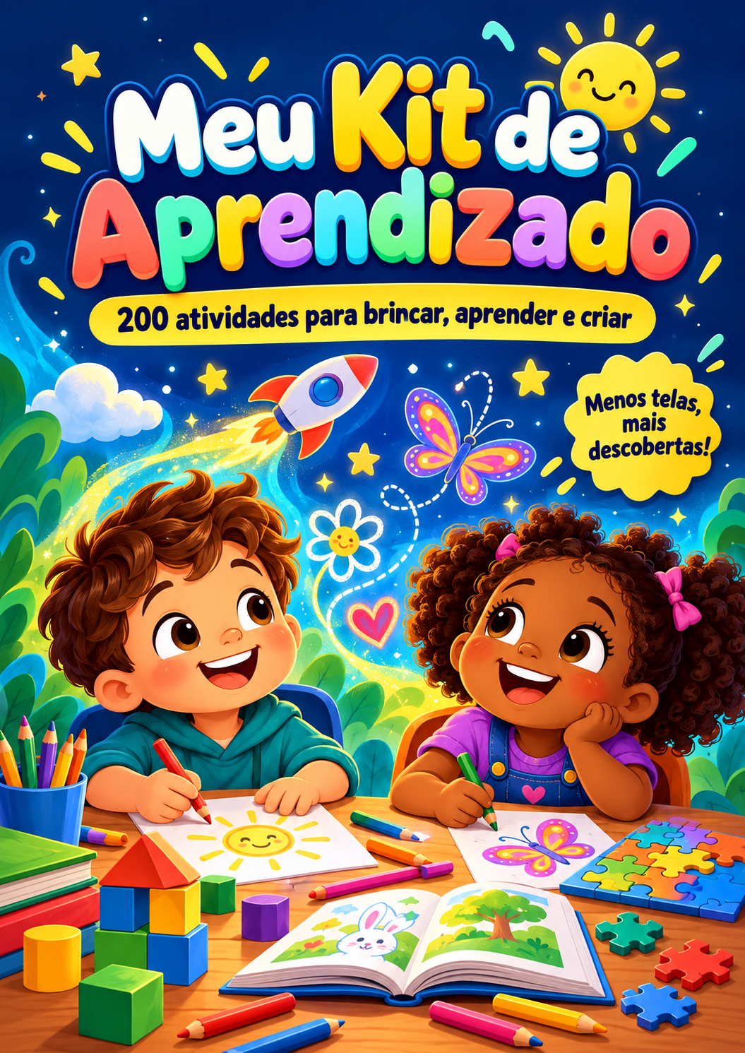 Capa do e-book Meu Kit de Aprendizado, com duas crianças desenhando